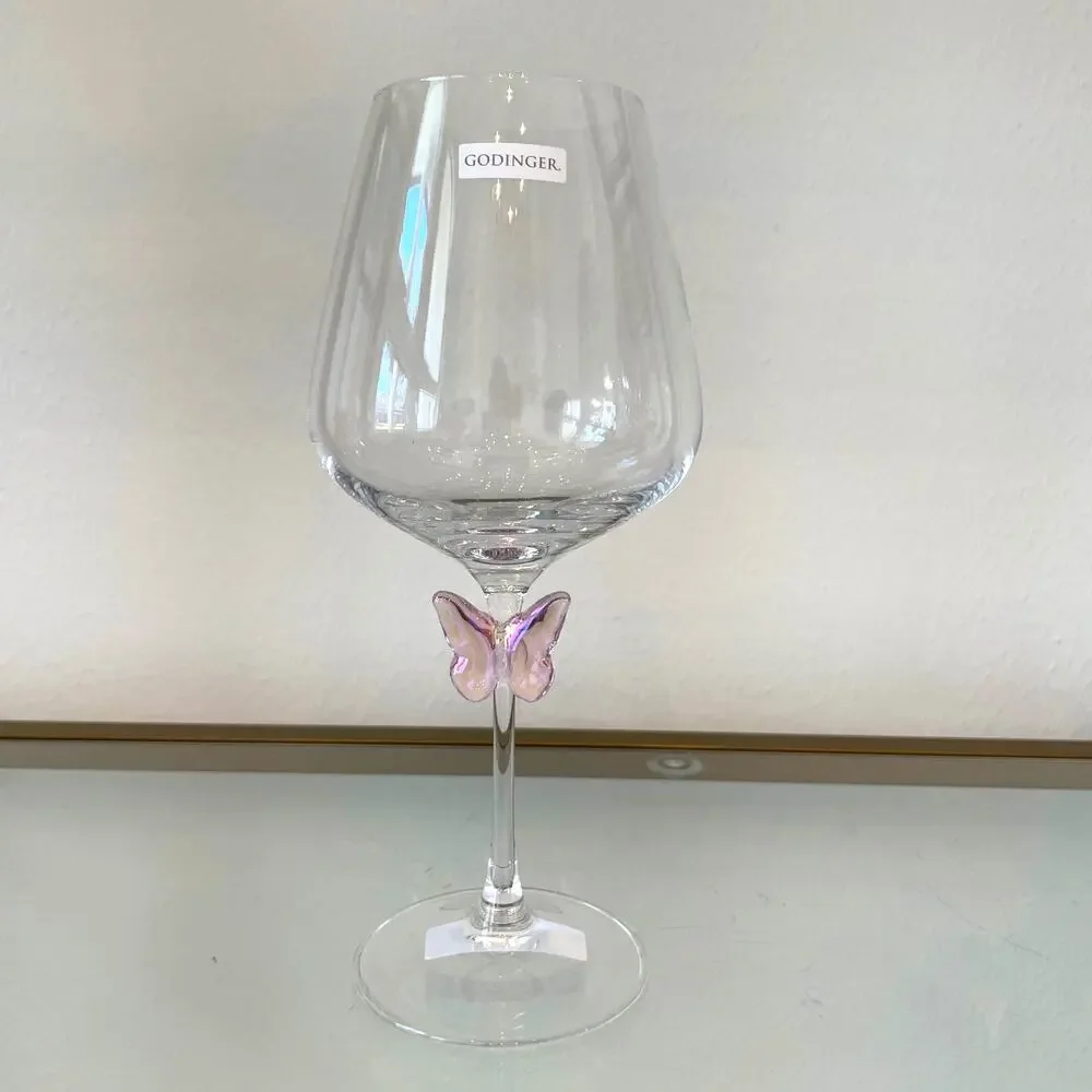 NEW Godinger Pink Butterfly Wine Glass Set of 2 Chic Barware
